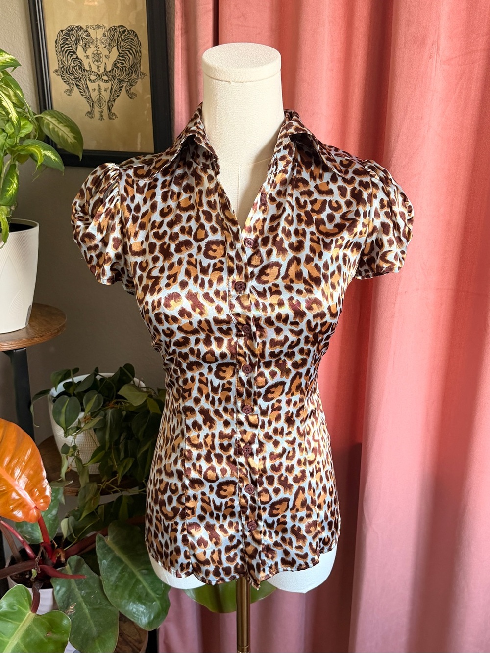Vintage Y2K BCBG Leopard Print Button-Up Satin Top